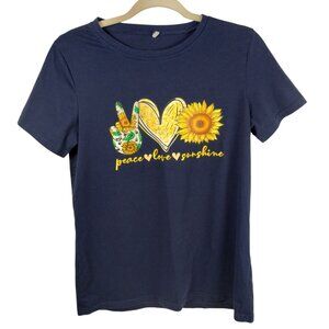 Womens Small Peace Love and Sunshine Graphic Tee Shirt Navy Blue